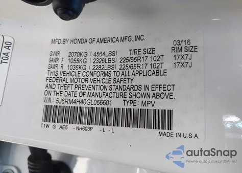 2016 Honda Cr-V Se from USA, damaged, VIN 5J6RM4H40GL056601